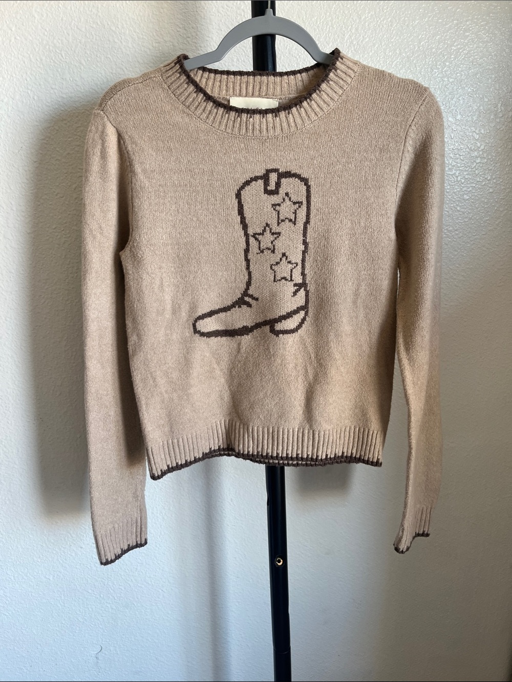 Beige Crewneck Sweater with Brown Cowboy Boot Motif
